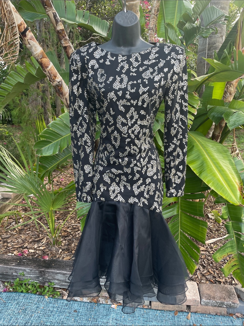 Drop waist sequin 80s dress with organza skirt power shoulders